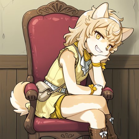 BREAK, <lora:Chick_Montblanc_Illustrious_V1:1>, Chick Montblanc, Fuga: Melodies of Steel, kemono, furry female, 1girl, dog girl, beige fur, white fur, multicolored fur, yellow eyes, blonde hair, short hair, animal ears, dog ears, dog tail, Fuga 2 Appearance, long hair,
BREAK, Fuga 2 Outfit, brown boots, yellow shorts, yellow dress, sleeveless, white ribbon, white belt, handbag, yellow neckerchief, wrist ribbon, hairband,
BREAK, solo, inside, sitting on chair, fancy chair, legs crossed, head on hand, smug, grin, looking at viewer, head tilt,