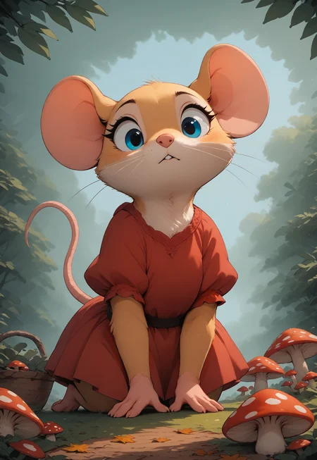 score_9, score_8_up, score_7_up, score_6_up, score_5_up, score_4_up, m0use_goldie, (cute, feral:1.2), red dress, basket, forest, (low angle view, upper body shot), mushroom in forground, (leaning forward, kneeling:1.3), 