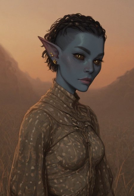 safe_pos, solo, short pointy ears, full body, running stance, piercings, random elf face, aquiline features, female dark elf, brow rings, beaded piercings, weathered skin, blue-grey skin, large nose, insect chitin armor, insect chitin helmet, insect chitin ornaments, stylized insect pattern, athletic build,  animated realism, zoomed out, Syrian features, torso, yurts, tents, native camp, elegant berber tapestries, dead desert trees, ash dunes, distant volcano, ashy soil, grey green foliage, distant grey hills, sunrise, gloomy lighting, grey fabric awnings, dark wood posts, light dust clouds, grey-blue skin, mahogany and ivory clothes, medium armor, bone plate armor, ivory straps and fittings, alien bone ornaments, grey wood neckguard, medium_breasts, crimson sclera, black pupils, blue-green light, neon, highly detailed, defined features, looking at viewer, three quarters view, from side, dynamic lighting, 29 years old, light and shadows, patterned cloth, joking expression, expressive eyes, detailed medieval clothes, short hair, wavy hair, thick hair, beaded hair, braided hair, under cut hair, semirealistic, alien elf, spanish features, jewish features, black hair, dark red hair, desaturated blue skin, sharp features, pastel green inuit print cloak, nighttime, high detail, absurdres, pretty eyes, detailed eyes, yellow eyes, facefix, detailed face, wielding insect chitin spear, shortspear