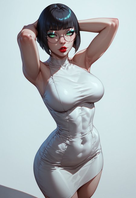 masterpiece, best quality, 32k, high resolution, absurdres, hyper-detailed, 
score_9, score_8_up, score_7_up, score_6_up, rating_questionable, 1girl, short hair, bobcut, black hair, bangs, green eyes, large breasts, slim, pale skin, big round eyeglasses, clear eyeglasses lenses, red lipgloss, simple background, gradiente background, screentones, red-black background, sundress, tight dress, pinup pose, detailed, aesthetic, shadow, makeup, cowboy shot, high angle view, parted lips, hands behind head