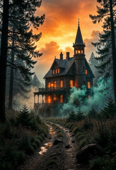 A stunning, vibrant cinematic photograph of a mysterious old castle in the mist-shrouded foothills of a mystical forest, fantasy art that evokes a sense of high-stakes drama in the style of Image's comic book photography, photo-realistic textures and film grains immerse the viewer in the scene, bathed in warm, golden light dotted with emerald greens and crimson reds, as if the forest itself were ablaze, the Ethereal clouds surround the forest, capturing the intensity of the fight for survival.