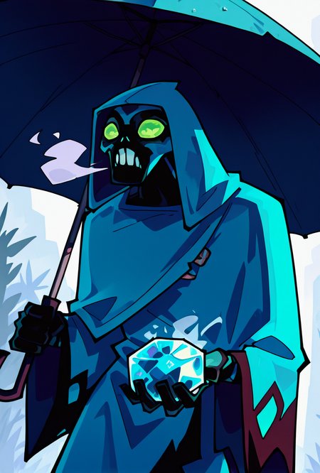 <lora:bigchill-07:1> bigchill, solo, 1boy, green eyes, blue skin, no humans, green sclera, teeth, no pupils, hood, cloak  <lora:sakfsdajfkasd:1> alpharecdyt , steam breath, on bech, under umbrella, holding ice crystal,, masterpiece, best quality, amazing quality, very aesthetic, absurdres, newest,