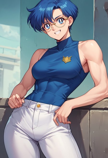 (masterpiece), best quality, a 19 year old girl with (long blue capri hair) and blue eyes, she wears a navy blue sleeveless shirt, white pants and glasses, she has a little muscle, smiling, score_9, score_8_up, score_7_up, source_anime, score_9, score_8_up, score_7_up, sm90s