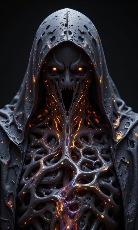 dark eldritch entity shrouded in a hooded cloak, its form shifting and twisting like living coral. The creature’s body is made of an organic, porous material, with countless holes forming eerie, unnatural patterns. Its face is obscured by the deep shadows of the hood, leaving only an unsettling void. The texture of its body is a mix of chitinous ridges and liquid-like structures, as if frozen mid-motion. The surface of the entity is primarily deep charcoal gray, but veins of glowing amber-orange and eerie violet pulsate through its porous structure, casting an ominous light. The orange glow seems to emanate like embers from within, while the violet has an ethereal, spectral quality, almost like liquid darkness. The cloak is a muted black with faint streaks of orange light reflecting off its edges, adding an otherworldly vibrancy to the darkness. The glowing elements create a ghostly contrast against the shadows, emphasizing its unnatural presence.