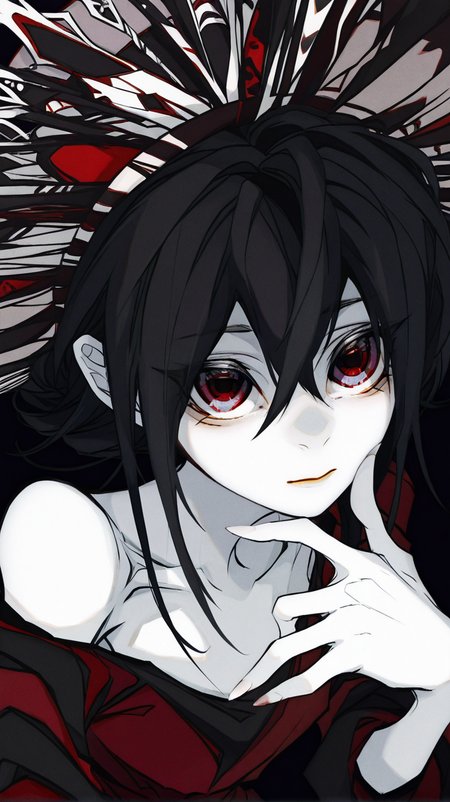 1girl, solo, long_hair, looking_at_viewer, black_hair, red_eyes, hat, dress, hair_between_eyes, closed_mouth, black_background, pale_skin, portrait