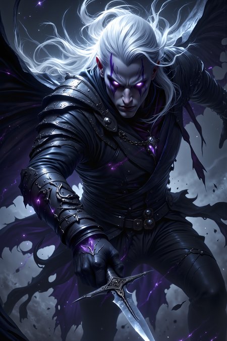 A hyper-realistic portrait, photorealistic photo close-up image of A drow assassin, shrouded in shadows, leaps through the air, his pale white hair trailing behind him like a ghostly comet. His dark purple skin contrasts against his silver eyes, which glimmer with deadly focus. His hands, gripping twin, curved daggers, are a blur as he slices through the air, moving with lethal precision. His angular face is set in a cold, calculating expression, lips pressed into a thin line as he executes his deadly maneuver. His dark leather armor clings tightly to his lithe form, almost blending into the surrounding darkness, while the sharp edges of his blades catch the faint, flickering light of a distant torch. Sweat glistens on his brow, and thereâs a glint of something predatory in his eyes. Behind him, faint, swirling wisps of magical darkness seem to follow his movements, almost as if the shadows themselves obey his command. His body is perfectly poised, frozen in mid-air, as the moment of his strike draws near.(photography, high-resolution, dynamic, energetic,hyper-realistic, dramatic lighting, shallow depth of field.), MythP0rt<lora:DnDDarkestFantasy:0.5><lora:FluxMythP0rtr4itStyle:0.75><lora:Dever_Flux_Enhancer:0.5><lora:Aura_Flux-000010:0.6>