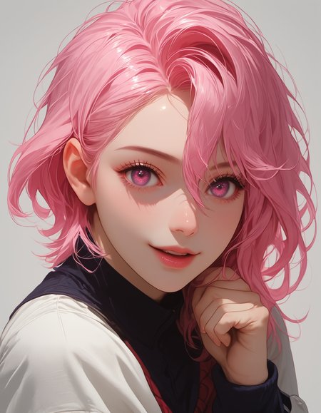 zPDXLxxx, Expressiveh, 

shiratori aira, pink hair, short hair, pink eyes, solo, open mouth, 1girl, hair between eyes, looking at viewer, long sleeves, jacket, school uniform,

small breasts, natural sagging breasts,

score_9, score_8_up, score_7_up,score_6_up,

highres, high quality, perfection, masterpiece, detailed, source_anime, simple white background, 1girl, solo, front view portrait, face focus, intricate features, beautiful girl, young adult, youthful, petite body, detailed face, beautiful face, innocent face, eyelashes, perfect eyes, detailed eyes, medium breasts, clothed, standing, smiling, looking at viewer,
