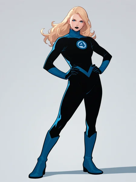 score_9, score_8_up, score_7_up, score_6_up, score_5_up, score_4_up, BREAK, source_anime,
1girl, susanrichards, blonde hair, long hair, blue eyes, makeup, black lips,
black bodysuit, blue turtleneck, gloves, boots,
hands on hips, looking at viewer, standing, full body, looking at viewer, solo, simple background, white background  <lora:SusanRichardsXL:1>