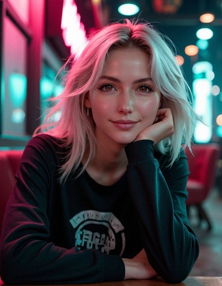 "A hyperrealistic close-up of a woman resting her chin on her hand, her platinum blonde hair cascading around her face in messy waves. Her soft, pale complexion is kissed by the glow of pink and green neon lights reflecting from the sleek interior walls. She wears a black graphic sweatshirt with textured fabric details, and her expression is gentle, with a faint smile that conveys warmth and serenity. The background is rich with depth, showcasing neon wall art, modern furniture, and the faint silhouette of skyscrapers glowing in the distance."
 <lora:realism_lora_comfy_flux_converted:0.5> <lora:Tifa_on_Flux:0.85>