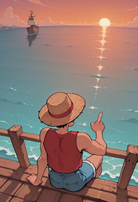smoove,
1boy, solo,
luffy_(one_piece), happy, having fun, laughing,
red vest, straw hat, blue shorts with white fluffy trim,
sitting on lookout_(ship), ocean, from above, high angle, forshortening,
pointing in distance, over_the_shoulder-shot, back view,
sunset
 <lora:Smoove_-_Bridgetoons_v2:1>, masterpiece, best_quality, amazing_quality, very_aesthetic, 8k, high_quality, highres, absurdres, subject_focus,