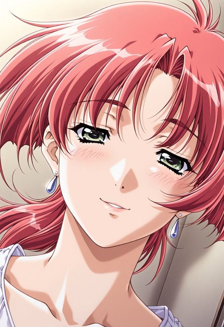 masterpiece, best quality, newest, highres, uncensored, 1girl, yokota mamoru style,motion lines,1girl, slender facesolo, open eyes,smile with love, earrings, jewelry, long hair, blush, close-up,, dutch angle, portrait, mature female,,Ogata Shizuka Again Version,Red Hair, Ponytail, Waist Length Hair,Green eyes