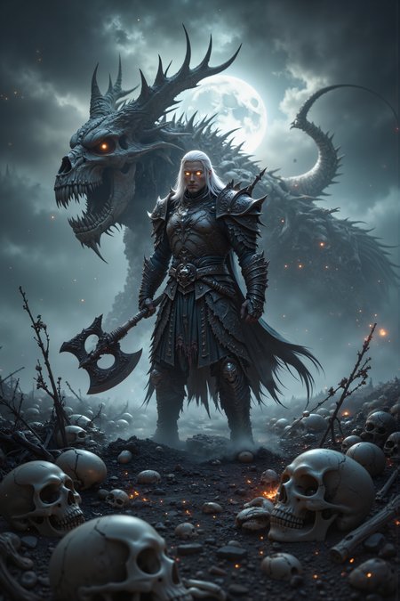 A hyper-realistic portrait, photorealistic photo close-up image of In a vast, open battlefield under the light of a waning moon, a lone figure with alabaster skin and hair as white as snow stands amidst a sea of broken skulls and shattered bones. His eyes, glowing with a faint, silver light, scan the horizon as a cold wind whips through the battlefield, sending clouds of dust and ash swirling around him. The ground beneath his feet is littered with the remains of warriors from ages past, their skulls cracked and broken from the brutality of battle. His armor, once gleaming, is now battered and streaked with blood and dirt, but the massive, bone-handled axe in his hands still shines with an eerie, white glow. Behind him, the skeletal remains of a giant beast rise from the ground, its massive skull half-buried in the earth, casting a long, ominous shadow across the field. The sky above is a dull gray, with dark clouds gathering on the horizon, and the faint rumble of thunder can be heard in the distance. The air is heavy with the scent of death and smoke, and the quiet stillness of the battlefield is broken only by the occasional clatter of bones shifting in the wind. The scene is one of desolation and aftermath, where the skulls of the fallen warriors bear silent witness to the horrors of war. (photography, high-resolution, dynamic, energetic,hyper-realistic, dramatic lighting, shallow depth of field.), detailmaximizer, MythP0rt<lora:midjourney_whisper_flux_lora_v01:0.55><lora:aidmaMJ6.1-FLUX-V0.1:0.4><lora:FluxMythP0rtr4itStyle:0.4><lora:detailed_flux_ntc:2.2><lora:aidmaImageUpgrader-FLUX-V0.1:0.65>