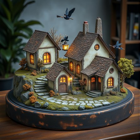 This is a miniature diorama that recreates a town lined with old buildings reminiscent of Medieval Europe, and a world where young, beautiful witches fly through the sky on broomsticks. It is placed next to a grimoire. Each roof and wall is carefully weathered, and professional lighting gives it an indistinguishable finish from the real thing.
<lora:Flux.1_Turbo_Detailer:0.7>, <lora:Diorama_Flux:0.9>