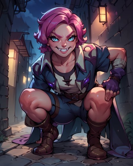score_9,score_8_up,score_7_up,
maeve,short pink hair with a hair knot,blue slit pupils,
belt,fingerless gloves,shirt,long coat,short sleeves,smile,grin,
leaning forward,fang,squatting,
night,alley,in the shadows,fantasy,
<lora:maeve:0.8>,solo.,