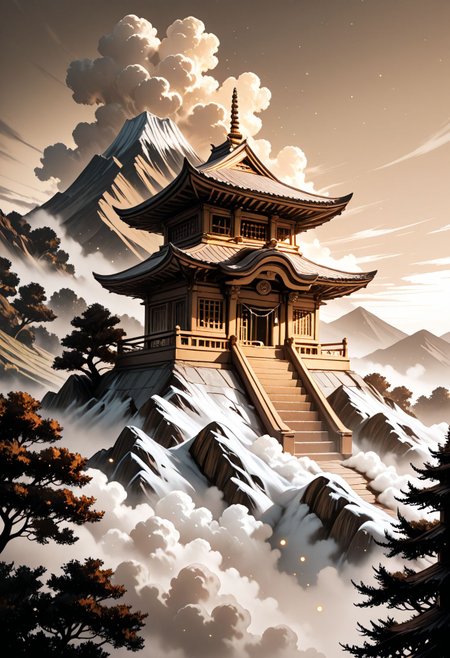 SmoothNoob_Quality, (sepia:1.5), glowing particles, blue and gray colors, no humans, east asian architecture, mountainous horizon, above clouds, fantasy, scenery, sky, trees, myouren temple, ethereal, fog, soft lighting,​​​