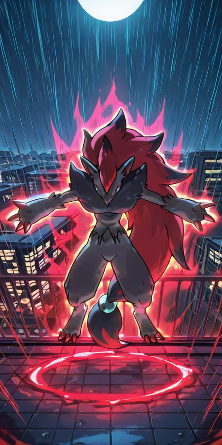 masterpiece, best quality, no humans,    <lora:ZoroarkPokedex_IXL_v1:0.8>,   zzZoroark, city rooftop at night, arms spread, rain falling, neon reflections, dramatic backlight â On a rain-slick rooftop bathed in neon glow, zzZoroark spreads its arms wide, catching the downpour on its open palms. Thunder rolls across the skyline, and streaks of electric blue and crimson ripple through puddles at its feet as the city pulses below.  super saiyan, red aura, <lora:DBSBroly_Style_IXL_v2:0.7>