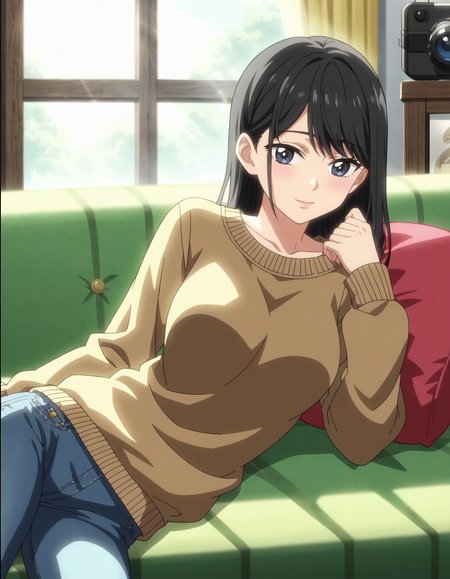 score_9, score_8_up, score_7_up, BREAK
(masterpiece, best quality, (anime screencap:1.5)), 1girl, black hair, lying on a couch on her side, wearing a tight-fitting brown sweater and jeans, revealing her body shape, alluring and serene expression, detailed background with soft shadows and subtle lighting, cozy indoor setting, sunlight filtering through a window casting gentle shadows, 2d anime style, intricate details in the fabric and surroundings, peaceful and tranquil atmosphere, warm and muted color palette, depth of field, volumetric lighting, high dynamic range, realistic textures, sense of calm and allure