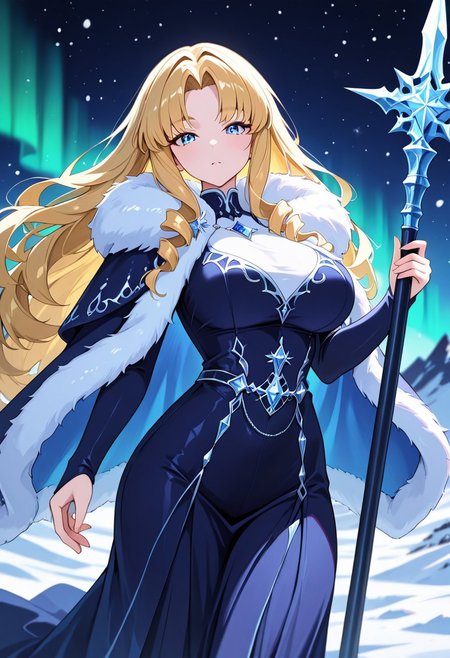masterpiece, best quality, good quality, very aesthetic, absurdres, newest, 8K, depth of field,  in the style of cknc, artist:moriimee, in the style of cksc, 
1girl, tan skin, long blonde hair, braided, blue eyes, large breasts, bouncy, fur cloak, snowy skin, holding spear, looking at viewer, from side
BREAK
icy tundra, aurora borealis, wolves howling
BREAK
cool tones, aurora glow, high contrast, frosty shine, rich details, wild atmosphere