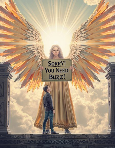 Create a captivating image depicting an angel standing tall at the gates of heaven, radiating divine light. The angel, with majestic wings and a solemn demeanor, holds a sign that reads "Sorry You Need Buzz," gently but firmly denying entry to a man who stands before them. The man, with a mix of confusion and longing on his face, gazes up at the angel with a sense of yearning. The scene is bathed in a heavenly glow, with soft, ethereal lighting illuminating the interaction between the angel and the man. Capture the tension and emotion in this moment, blending elements of spirituality, mystery, and a touch of surreal beauty to create a truly mesmerizing and thoughtprovoking image.