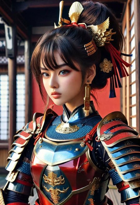ultra detailed      Masterpiece  8k   ,girl Samurai  complex armor	Multi-layered and large shoulder armor  luster shine  Multilevel  	 black gold 	red blue 	, (beautiful  face)++ 	holdingshe long katanagQkcYR	
Hokusai's Japanese depiction of a very turbulent sea with massive waves. The background s shows a beautiful dark night over a illuminated village. The colors are red and yellow