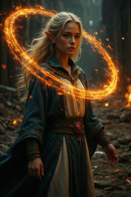 A young, light-skinned female elf, in her late teens or early twenties, is depicted as a powerful sorceress.  She stands amidst a scene of intense conflict;  flames and burning debris are scattered around her.  Her expression is composed and focused, suggesting concentration and control. Her posture is confident and commanding, subtly radiating power. She wears a dark-blue, flowing robe style outfit, layered over a light-cream or white undergarment. The robe features intricate dark accents and details along the collar and cuffs.  A crimson gem encircles her chest area, symbolizing her role.  Long, flowing, light-gray/white hair cascades down her back. The fire-based magic spell, a large flaming orb is swirling around her, projecting outwards.  The overall atmosphere is dark and dramatic, reflecting the perilous setting and the character's formidable nature.  The lighting emphasizes the flames, highlighting the character's attire with dramatic shadows.  The background depicts a ruined, night-time town, with flickering fires and debris.  The fiery environment and the character's presence combine to create a compelling image, evoking fantasy role-playing game (RPG) aesthetics.  The style leans towards photorealistic digital art, with high definition details, and a dramatic intensity. Epic fantasy style.
 <lora:Flux.1_Turbo_Detailer:1> <lora:flux_realism_lora:1> <lora:Hand v2:1> <lora:lora:1> <lora:42lux HighResFix:1>