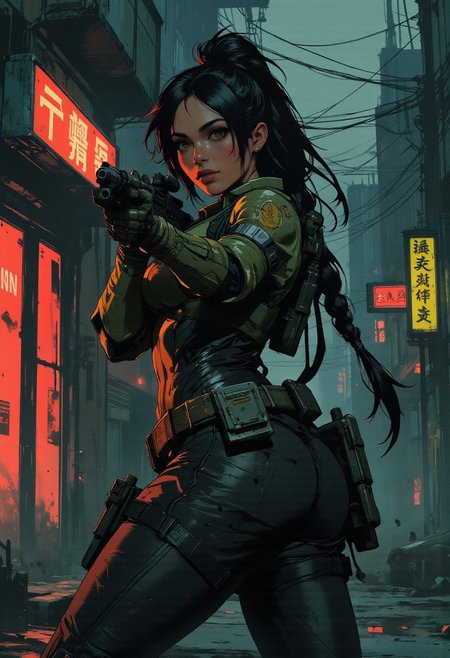 magnificent, closeup portrait, female bounty hunter, braided black hair, futuristic armor, halo spartan, spartan armor, sexy, curvy, large breasts, large ass, aiming a sniper rifle, sniper rifle, aiming rifle, holstered pistol, Cyberpunk City, Neon Lights, foreshortening,
solo, 
Cowboy Shot, close up, from above,