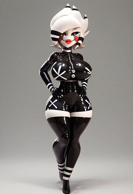 score_up_9, score_up_8, score_up_7, best quality, hd, 3DMM, beautiful face, blue eye colour, full body, , luscious lips, smirk, straight on view, full body, 
Marie (FNAF), 1girl,  white skin, coloured skin, white hair, black eyes, coloured sclera, short hair, black thighhighs, crop top, black gloves,  shorts, standing, hands on hips, latex, latex clothing,