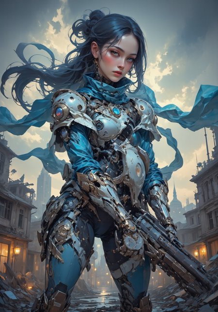 A cruel female ninja mech, covered in a full-body blue and white futuristic armor, with a heavy AWP rifle strapped to her waist. Her long, sleek dark brown hair is tied into a stylish ponytail that flows dramatically in the wind, creating a striking contrast against the devastated war-torn city in the background. A blue scarf also waves dramatically in the breeze, adding a touch of motion to the scene. The ninja's face is cold and emotionless, exuding an aura of deadly precision and subtle fear, yet with a hint of grace. The scene is captured in breathtaking 16K resolution, with digital reflex camera effects and light tracing enhancing the overall quality of this cinematic shot. The atmosphere is enhanced by chiaroscuro lighting, bringing depth and drama to the action-packed, concept-art-inspired composition. The mechâs design combines sleek mechanical elements with an artistic touch of action painting, giving it a sense of elegance and power. The entire setting is a masterwork of 3D design, with a devastated cityscape as the backdrop, illuminated by film-style lighting that emphasizes the contrast between the blue and white armor and the war-torn surroundings. The overall mood mixes feelings of danger and a subtle fear of death, balanced at 0.5, focusing more on the assassin's aura of death rather than overwhelming terror. The blue gaming gear adds a futuristic edge to her appearance, solidifying her as a deadly figure in this post-apocalyptic world.
 <lora:DarksunRIDDV3:0.6> <lora:flux_hyperkraximalism-crazy:0.6> <lora:Midjourney_-_SemiReal_Dreams_FLUX_LoRA:0.6> <lora:CPA:0.6> <lora:BLUE_mk4_angel_FLUX_01:0.6> <lora:BioInk2FLUX:0.6>