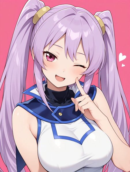 fujiwara yukino, official alternate costume, 1girl, solo, one eye closed, open mouth, smile, blush, finger to cheek, looking at viewer, duel academy uniform \(yu-gi-oh! gx\), upper body, sidelocks, pink background, bare shoulders, large breasts, white sleeveless shirt, black bodysuit, yellow hair ornament,
masterpiece,best quality,amazing quality,very aesthetic,absurdres,newest,<lora:Fujiwara Yukino illusXL v1:0.77>,