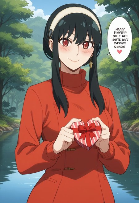 score_9, score_8_up, score_7_up, source_anime,  
BREAK,
happy and in love, gentle smile, looking at viewer, Expressiveh, yor briar, black hair, red eyes, sidelocks, hairband, short hair with long locks, white hairband, medium breasts, dress, long sleeves, red sweater, sweater, sweater dress, 1girl, solo, wide hips, blush, text bubble, hearts, 
standing, standing straight, one hand on hip, upper body, portrait, holding a heart-shaped gift box, 
day, in a fantasy forest near a lake,