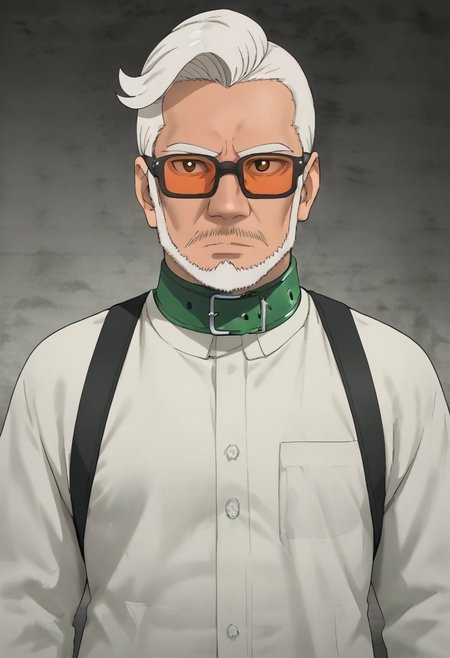 Amado Sanzu, glasses, white hair, white clothe,green collar, standing, facial hair, beard, solo, male focus,potrait
