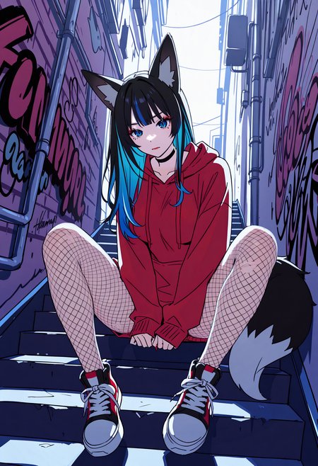 lineart, sketch,
solo, 1foxgirl, medium breasts, blue eyes, slit pupils, long hair, ((black hair), blue hair, multicolored hair, fox ears, fox tail), masacra, eyeshadow, red lipstick, mole,
black choker, fishnet pantyhose, torn fishnet, sneakers, long oversized hoodie, serious expression, dynamic pose, sitting on stairs, dynamic angle, alley, graffiti,
<lora:hamafuguIL-style:1>,hamafugustyle,
