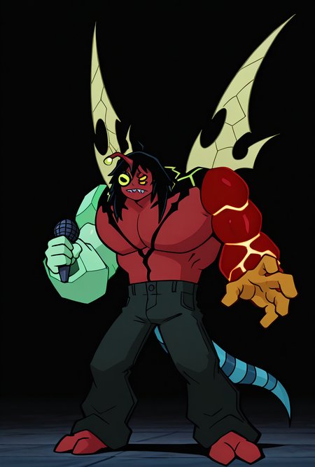 <lora:kev11-06:1> kevin11, solo, male focus, yellow eyes, black hair, red skin, horn, sharp teeth, lime wings, blue tail, 4arms, top hands left green arm, top hands right magma red arm with yellow cracks, bottom hands orange arms, 2 orange arms, big arms, multiple arms,  dynamic pose,   <lora:17bucks_Style_Illustrious:1> 17bucks, gradient color, 2d, standing, holding microphone, full body ,, masterpiece, best quality, amazing quality, very aesthetic, absurdres, newest,