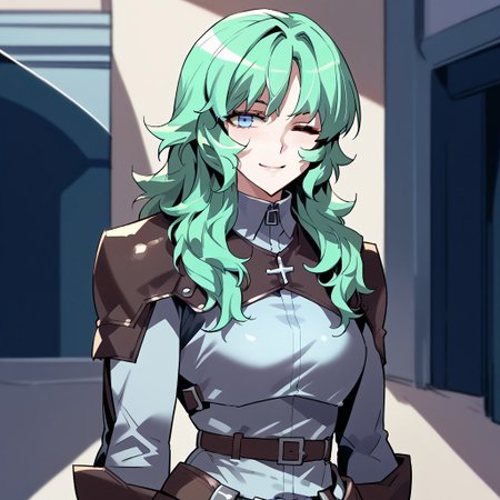 zPDXL3, score_9_up, score_8_up, score_7_up, (Anime_source), 1girl, standing, looking at viewer, smiling, wink, VivianBelkan blue eyes, green hair, long hair, leather armor