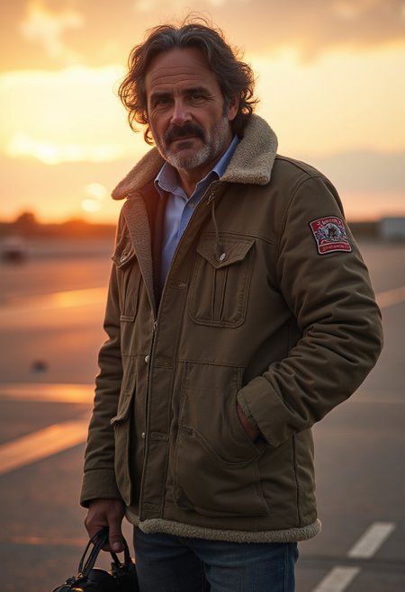 yfg-l3ms, YFG-Th3Dud3 a vintage 57-year-old pilot, bomber jacket and goggles in hand, standing on a windswept tarmac at dawn