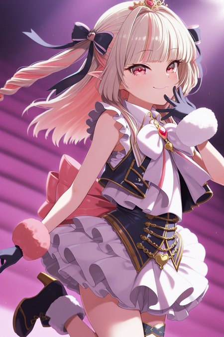 1girl,
MakaiNoRirimuNijisanji, MakaiNoRirimuIdolCostume,
general, solo, half body,
grey hair, twin drills, eyelashes,
tiara, hair ribbon, idol clothes, thigh strap, high heel boots,
looking at viewer,
depth of field,
<lora:kp_MakaiNoRirimuNijisanjiIllustrious_v1_0:1.0>,
masterpiece, best quality, amazing quality