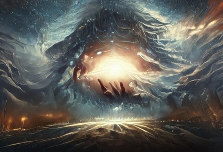 score_9, score_8_up, score_7_up, score_6_up, score_5_up, score_4_up, <lora:Starry_Morph_PonyXL:1> starry_morph, giant monster,giant god, fighting,cinematic film still of painting of (a beautiful jedi) movement, dynamic pose, elegant, (perfect detailed face, perfect detailed body, perfect detailed eyes:1.5),  frowning eyebrows, rimlighting, uncluttered background, epic atmosphere, realistic face, detailed mouth, detailed face, beautiful detailed eyes, , perfect body, color HD photo, 85mm, (full body, high quality photo, masterpiece), HDR, 8K resolution, analogue RAW DSLR, best quality, , vivid vibrant colors, intricate detail, realistic human hands, , street lamp, glow, (masterpiece) striking ground, wild field, dramatic lighting, otherworldly, best quality, oil painting, gloomy, fog, (epic art, , wind, action:1.5), darkness, total freedom, breath, , large wild spaces, dynamic, cinematic shot,  (back lighting:1.4), (rim lighting:1.4) (wet ground, holding black holereflexions:1.3) (ring of fire:1.4) (arc of fire:1.4) black clothes, black gloves, goya2023 style 2, ,shallow depth of field, vignette, highly detailed, high budget, bokeh, cinemascope, moody, epic, gorgeous, film grain, grainy, ArsMJStyle, art nouveau, Hiori Light Art,starry_morph, ArsMJStyle, art nouveau, Hiori Light Art, Backlight, ral-exposure, reinbh, black hole, black hole in hand, holding black hole,