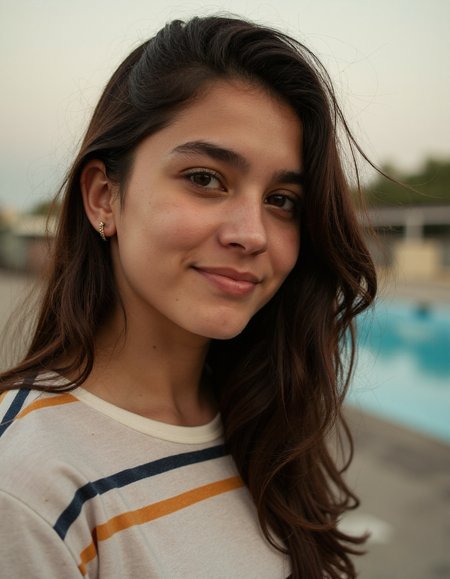 photo of a 19-year-old Latina woman with a striped shirt smiling at the camera with an empty abandoned swimming pool as the background, a character portrait, aaimage, aana_photo, aaphotos,  <lora:35mm_joycap:0.5> <lora:amateurphoto-6version:0.5> <lora:artisticanalogphotos:0.5> <lora:photooo-000001:0.5> <lora:Zphyr_FLUX_Photorealistic_LoRA:0.5> <lora:socmed_v2:0.5>
