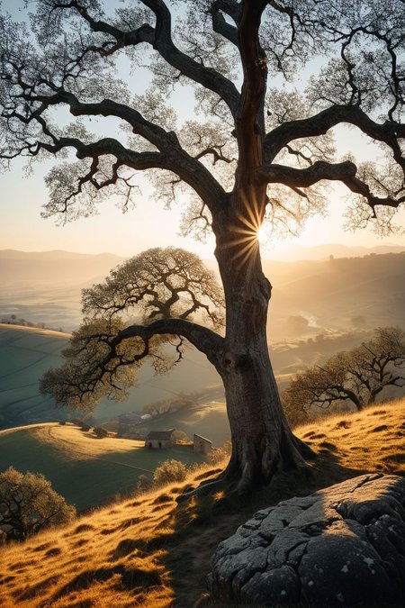 (((a peaceful hilltop with a single, ancient oak tree overlooking the valley below.))), Soft Beige, Cozy Comfort: warm lighting, beige tones, soft focus, cozy ambiance, comforting elements, gentle textures, tranquil look, cozy atmosphere, comforting aesthetics, capturing emotions, serene scenes, artistic feel, storytelling through textures, professional technique, gentle light manipulation, cozy concept, comforting styling, tranquil environment, surreal aesthetics, captivating narratives, intricate details, cozy landscape, editorial storytelling, warm glows, evoking comfort, pushing creative vision <lora:add-detail-xl:2> <lora:Cosine_freck:1>