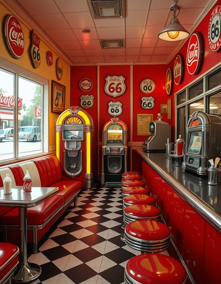 A classic 1950s American diner with a nostalgic retro atmosphere. The interior features red and white leather booth seating, chrome-trimmed tables, and a long counter with matching red barstools. A vintage jukebox with colorful neon lights stands against the wall, ready to play rock 'n' roll hits. The checkered black-and-white floor contrasts with pastel-colored walls adorned with Coca-Cola signs, Route 66 memorabilia, and classic diner menus. A row of shiny chrome napkin dispensers and glass salt and pepper shakers sit neatly on the tables. A milkshake machine and an old-fashioned soda fountain rest behind the counter, next to a vintage cash register. Large windows let in soft daylight, reflecting off the gleaming surfaces, creating a warm and inviting retro ambiance.
<lora:SDXLFaeTastic2400:0.4> <lora:extremely_detailed:0.4> extremely detailed,1950s American d1n3r, <lora:1950s_American_d1n3r-i:1>, Masterpiece,best quality,hi res,8k,hi res,8k,award winning,(sharp focus, intricate, highly detailed),