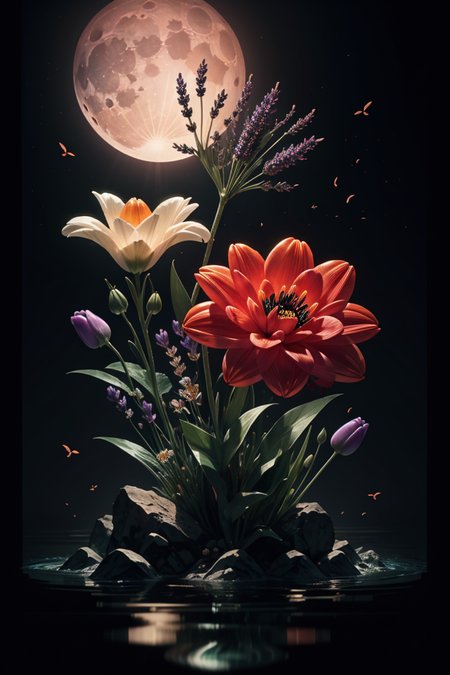 <lora:Calligraphy-ink-style-darquelilly-v1:1> calligraphyinkstyle, different flowers and gemstones, lavender, dahlia, tulips, mimosas, roses and poppies, harmonic fusion, volumetric lighting, night time, moonlight reflects in the water, black background,  <lora:Crystals:0.5> crystalz