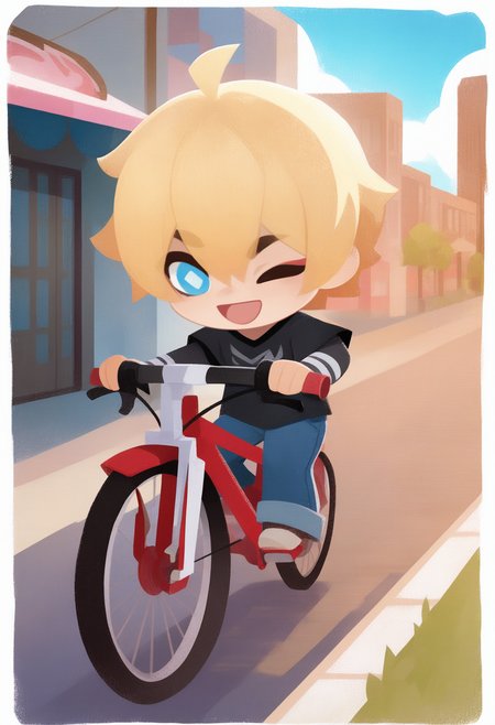 onmyojistyle, chibi, masterpiece, best quality, <break> white border, solo, male focus, 1boy, :d, riding bicycle, short hair, blonde hair, ahoge, blue eyes, diamond-shaped pupils, one eye closed, black shirt, short over long sleeves, jeans, outdoors, blue sky, cloud, sidewalk, car, building
 <segment:yolo-Anzhc Face seg 640 v2 y8n.pt,0.4,0.5//cid=1>