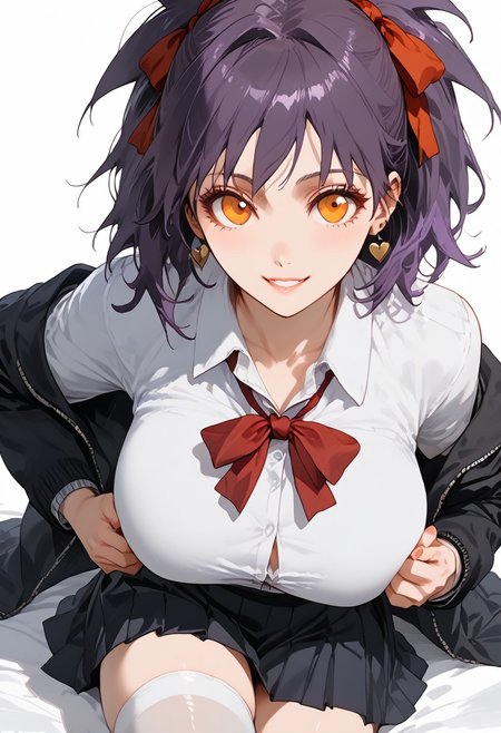 score_9, score_8_up, score_7_up, score_6_up, 1girl, solo, looking at viewer, light smile, huge breasts, large breasts, Expressiveh, senna_bleachxlpvn, purple hair, orange eyes, hair ribbon, school uniform, skirt, thighhighs,