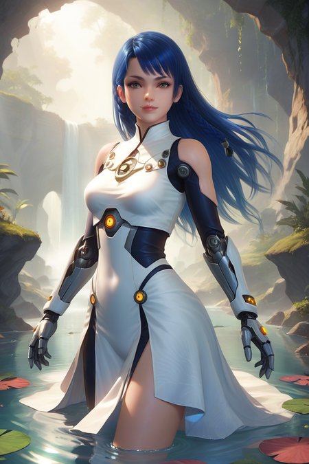 score_9,score_8,score_7_up,blue hair,detailed background,
lobelia \(doa\), 1girl, solo,long hair, asymmetrical bangs, single braid, side braid, 
colorful prismatic refracted light, reflections, transparency, intense colors, white gossamer dress, bioengineered high tech cyborg,beautiful and precise,water, reflections,
 <lora:doa_lobelia_pdxl_v20-000006:0.9>