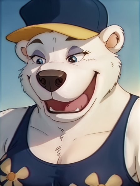 score_9,score_8,score_7,
<solo:1.5>,
<1girl:1.5>,
1girl, bearymore_bear, blue eyes, white fur, white body, official style,official art,
bearimore_corduroy, bearimore_bear, bear girl, furry female, female, ai gen, alternate style, hat, 1boy, male focus, solo, tank top, open mouth, meme, furry male, furry, bear, baseball cap, upper body, gradient background, pectorals, muscular, muscular male, gradient, bara, shirt,
<lora:Bearimore_Corduroy_V2:1> bearimore_corduroy, smug,
smugness,
half closed eyes,
closed mouth,
sarcastic,