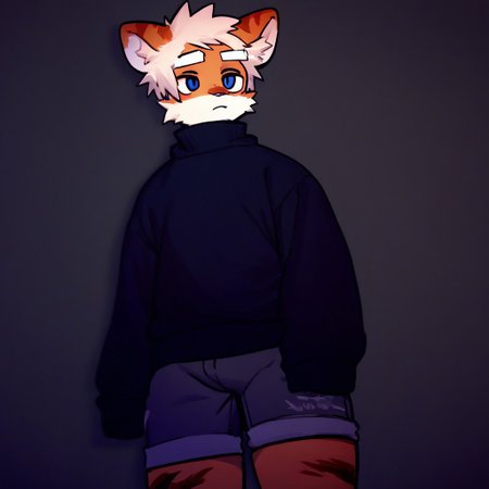 score_9_up, score_8_up, score_7_up, source_furry, atlyssstyle, low poly, milkytiger, tiger ears, tiger boy, white eyebrows, blue eyes, 1boy, solo, black sweater, gray shorts