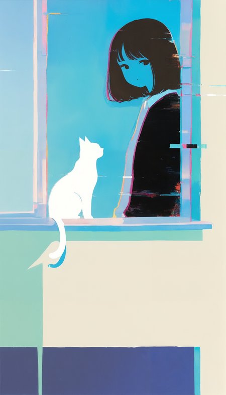 1girl, 1cat, adult, windowsill, 0__11Xx_illu, glitch, painting \(medium\) BREAK masterpiece, very aesthetic, absurdres, drop shadow, real life, casual, abstract, traditional media, scan, blending