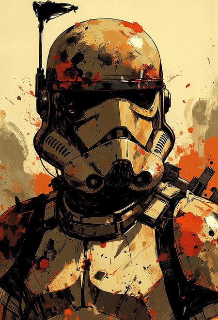 in the style of ck-mgs, nistyle, Special Ink-drawing mode, intricate linework with expressive contrasts, Mh1$AgThS2, Inkplash art on rice paper, sepia, henna , Silhouette Art, magnificent, inksplash closeup portrait of a star wars trooper, heroic and baattlescarred, bloody and bruised helmet, battlefield background.