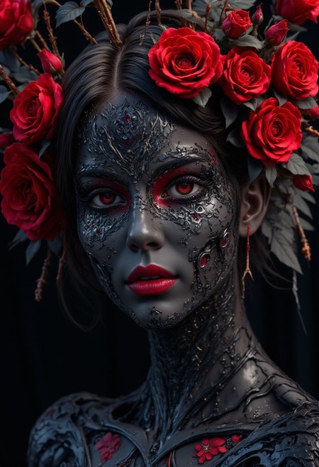 close up of the face of a dark witch goddess beauty hybrid made entirely of visually stunning (black, white and red roses:1.5) black candle wax with beautiful red and white roses all over her face painted for Los Dias De Los Muertos, saturated paint covers her beautiful face and skin, painted highlights with her sexy female body scantily covered, day of the dead, pixar style, friendly but fierce face, deep enchanted land of the dead and dreams, moonlight, beautiful lighting, Dynamic, Stylish, Intricate, Expertly crafted, Ambient Lighting, reflection shot,