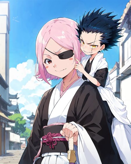 score_9, score_8_up, score_7_up, best quality,masterpiece,(source_anime:1.2),1 girl, eye patch, tall, Yachiru Kusajishi, smirking,  short pink hair, kimono,  feodal japan, marble floor, white city, heaven,  white stone city,  (depth of field, blurry:1.2)<lora:Yachiru_Kusajishi:1>